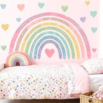 Large Rainbow Wall Stickers Kids Inspirational Wall Decal for Girl Bedroom Peel and Stick Watercolor Rainbow Wall Decals Pastel Pink You are Decor Vinyl Positive Art Murals for Baby Bedroom Playroom