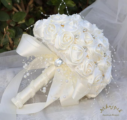 Bridal Wedding Bouquet Round Bling Brooch Bouquet Throw Toss Artificial Rose Flower Bunch for Bride Bridesmaid Wedding Quinceanera(Ivory, 7.5")