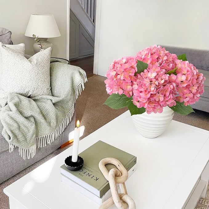 Light Pink Faux Hydrangea Flowers for Decoration,4Pcs 20" Real Touch Lifelike Faux Flowers, Full Fake Artificial Hydrangeas with Stems for Bouquet Table Centerpieces Spring Home Decoration