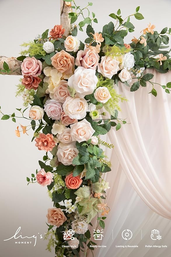 Ling's moment Wedding Arch Flowers with Sheer Drapes Kit - Artificial Spring Pink Rose Floral Arrangements for Garden Ceremony Backdrop, Arbor Decor, 5-Piece Set (2 Flower Stems + 3 Hanging Drapes)