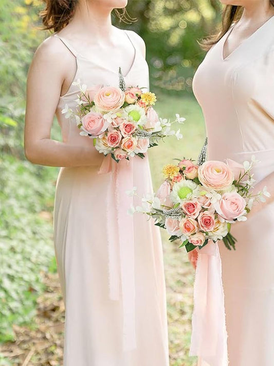 Rinlong 1Pc Pink Bridesmaids Bouquet Artificial Wedding Bouquets for Bride Bridesmaid Silk Bouquet for Homecoming Prom