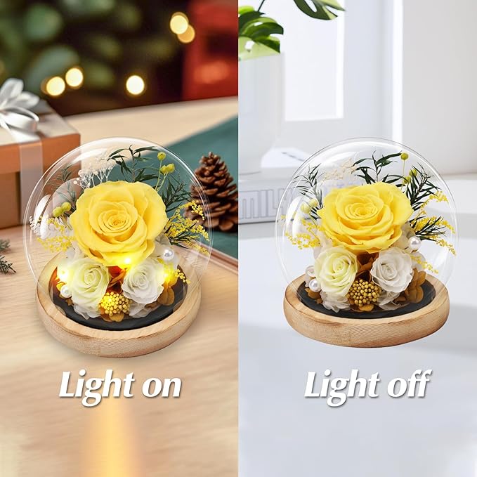 Preserved Roses Flowers for Delivery, Yellow Forever Flores in Glass Dome for Women Mom Grandma Wife Girlfriend, Eternal Rose Anniversary Birthday Gift for Valentines Mothers Day Christmas