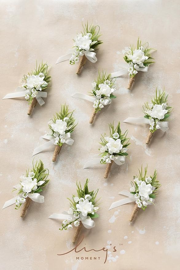 Ling's Moment Boutonniere for Men, 10pcs Groomsmen Guest Boutonniere, Artificial Flowers for Wedding Décor/Prom/Homecoming,etc.White Lily Valley