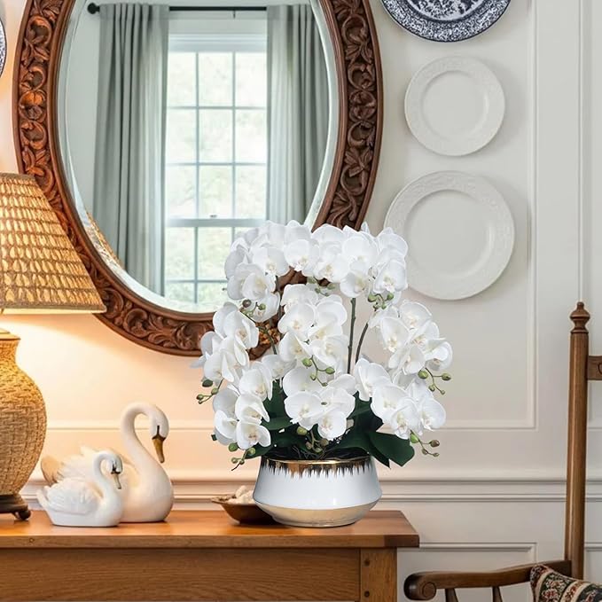CXGS Orchids Artificial Flower Real Touch Faux Orchid in Large Ceramic Vase 23.6'' Realistic White Fake Phalaenopsis Floral Arrangements Centerpiece Table Home Indoor Decor