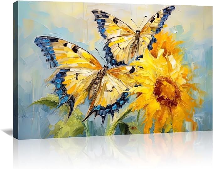 KPLUNDO Butterfly Wall Art Sunflower Picture Abstract Landscape Painting Modern Aesthetics Artwork for Living Room Office Home Wall Decor Stretched and Framed Ready to Hang(Art-5,12.00x18.00 inch)