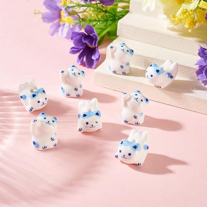 Beadthoven 8Pcs Lucky Cat Porcelain Beads 3D Blue White Handmade Craft Beads Animal Ceramic Cat Printed Ceramic Spacers with Hole for DIY Necklace Bracelet Keychain Craft Jewelry Making Supplies