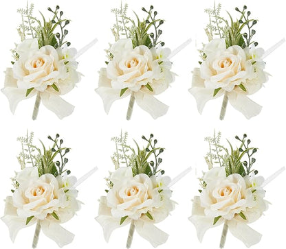 Meldel Champagne Boutonniere for Men - Set of 6, Rose Groomsmen Boutonniere for Wedding, Prom, Homecoming, Party, Vintage Occasions