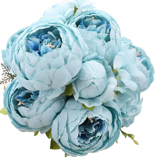 Duovlo Artificial Peony Silk Flowers Fake Flowers Vintage Wedding Home Decoration,Pack of 1 (Spring Blue)