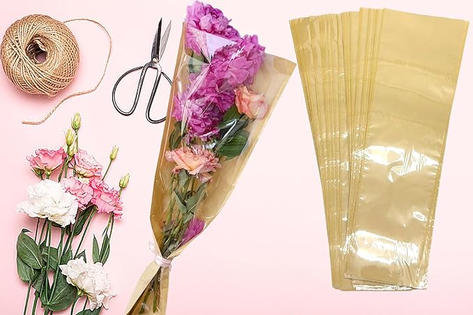 MYGOGOART 50 Pcs Flower Bouquet Wrapping Paper Flower Bags Sleeves for Bouquets Kraft Paper Floral Wrap Bags Flower Bouquet Supplies(8.7 x 24.8 x 4.7 inches)