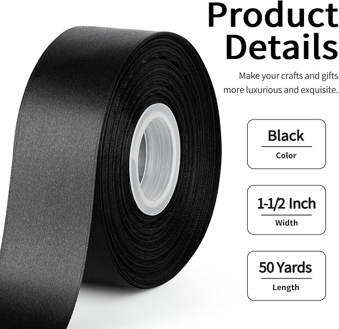 1-1/2 Inch Wide Black Satin Ribbon, 50 Yards Solid Polyester Fabric Ribbon for Roses Making, Gift Wrapping, Christmas, Wedding Decorations, Crafts, Bows