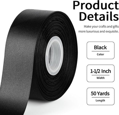 1-1/2 Inch Wide Black Satin Ribbon, 50 Yards Solid Polyester Fabric Ribbon for Roses Making, Gift Wrapping, Christmas, Wedding Decorations, Crafts, Bows