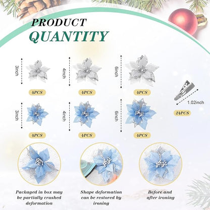 Boao 24 Pieces Christmas Artificial Glitter Poinsettia Flowers Xmas Flowers Wedding Christmas Tree New Year Ornaments (Sky Blue and Silver)