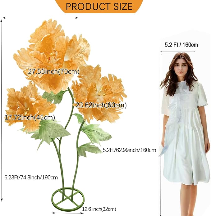 Giant Paper Flowers Artificial Flower, Waterproof Durable Non-Fading 3D Floral Decor Wedding Birthday Party Banquet Home Garden Hotel Exhibition Christmas Easter Halloween Decoration,Champagne/Orange