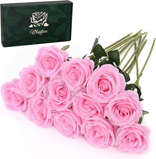 Waipfaru 12 Pcs Artificial Flowers Fake Silk Pink Roses Bulk, Faux Real Touch Roses Bouquet with Long Stem for Wedding Party Home Decor (Pink)