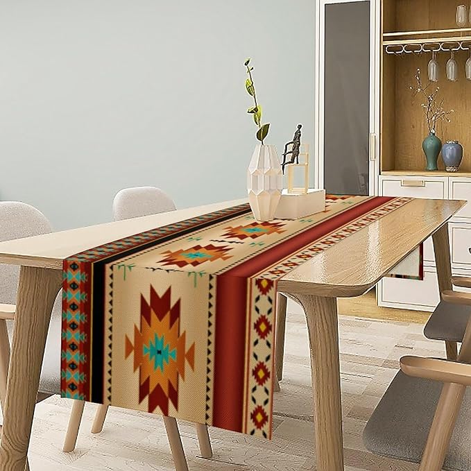 Aztec Southwest Table Runner, Ethnic Style Geometric Triditional Kitchen Table Runners Table Setting Decor for Garden Farmhouse Wedding Party Holiday Dinner Home, 13x70 Inch