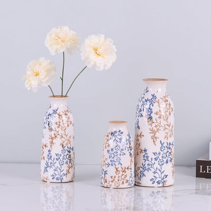 Ceramic Vase Set of 3, Blue and Beige Vintage Floral Glazed Vases for Home Decor, French Country Rustic Farmhouse Style Flower Vases, Grandmillennial Table Centerpiece for Living Room or Kitchen