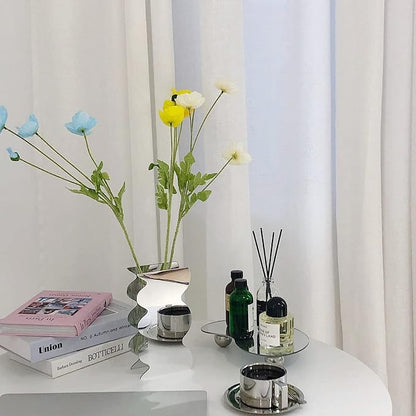 Modern Wavy Acrylic Flower Vase, Mirror Effect Design, Silver, Decorative Home Office Centerpiece, 7.9x4.1x2 Inch