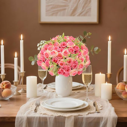 8 Pack Rose Artificial Flowers Bouquet, 10 Small Silk Rose Heads Per Pack, Fake Roses Bunches for Wedding Table Centerpieces Bridal Bouquet Mother's Day Valentine's Day Home Decor, Deep Pink