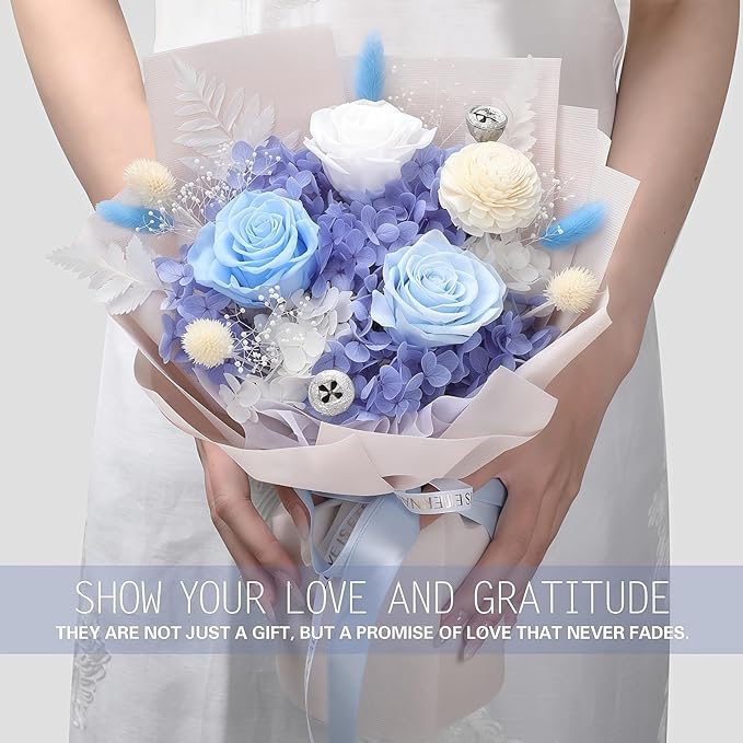 Preserved Flowers for Delivery, Blue Flower Bouquets with Necklace, Forever Real Roses Anniversary Birthday Gifts for Women Mom Wife Girlfriend, Fresh Flowers for Valentines Day Christmas
