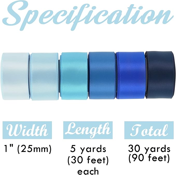 Huihuang Satin Ribbon for Gift Wrapping, Baby & Light Blue/Navy Blue Ribbon for Gift Wrap, DIY Crafts, Baby Shower Decor - 6 Colors x 5 Yards Each