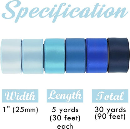 Huihuang Satin Ribbon for Gift Wrapping, Baby & Light Blue/Navy Blue Ribbon for Gift Wrap, DIY Crafts, Baby Shower Decor - 6 Colors x 5 Yards Each