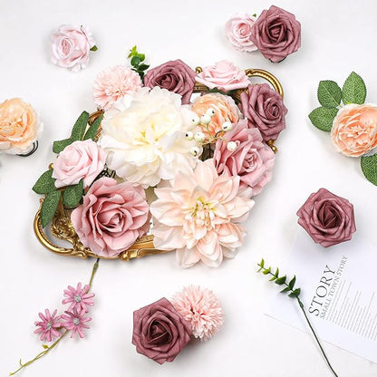 AmyHomie Blush Champagne Artificial Flowers Combo Silk Mix Peony Rose Fake Flowers w/Stem for DIY Wedding Bouquets Centerpieces Arrangements Table Fall Decor Party Bridal Baby Shower Home Decorations