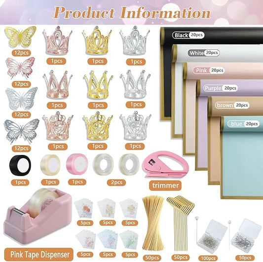 XEUZK 430Pcs Floral Wrapping Paper Kits, &120Sheet Waterproof Floral Paper, RibbonX3 Bamboo SticksX50, Tape Dispenser,Tape X2, Flower PinsX150, ButterfliesX48, CrownsX9, Greeting CardX30 for Wrapping