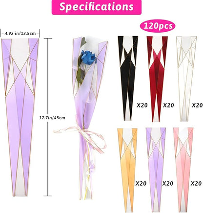 FOIMAS 120pcs Single Flower Sleeves Wrapping Bags Single Rose Florist Bouquet Packaging Bags for Floral Arrangement Supply Wedding Valentine's Day Mother's Day
