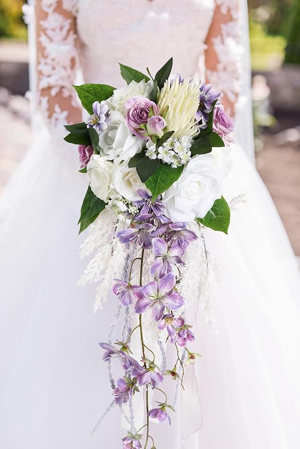 Bridal Bouquet,9 Inch Wedding Bouquets Purple and White Fake Wedding Silk Flowers for Ceremony Anniversary Brides Shower(Purple)