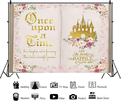 20x10ft Once Upon a Time Backdrop Fairy Tale Books Pink Floral Princess Castle Photography Background Romantic Wedding Birthday Party Banner Decorations Cake Table Decor