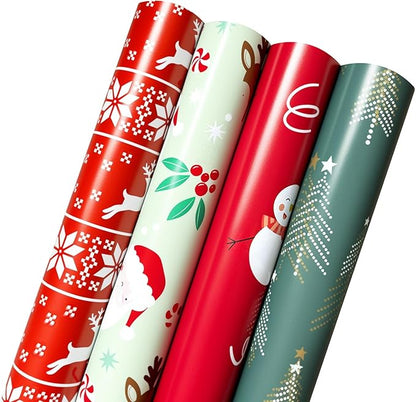 Hexablenzio Christmas Wrapping Paper Bulk Set of 4 Rolls (148 sq. ft. ttl) Santa Claus, Reindeer, Christmas Tree, Snowman Patterns for Holiday Gift Wrap - 30 inches x 14.8 feet Per Roll