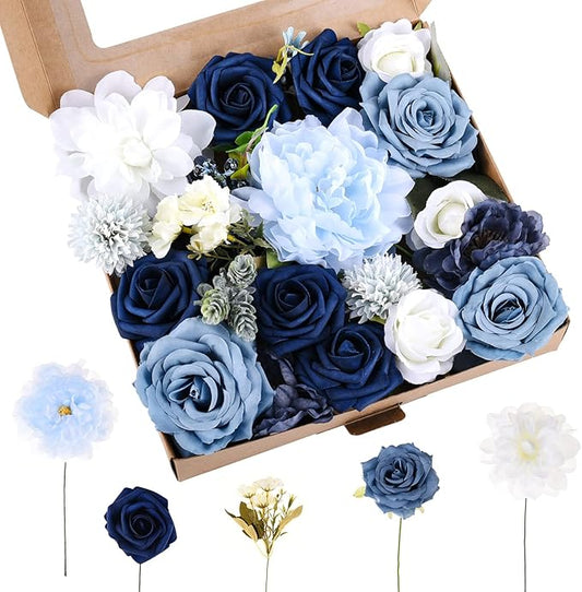 Jspupifip Dusty Blue Artificial Flowers Combo Box Set,Fake Silk Flowers Arrangement Bouquets with Stem Leaf for DIY Wedding Flower Centerpiece Wedding Centerpieces, Blue and White