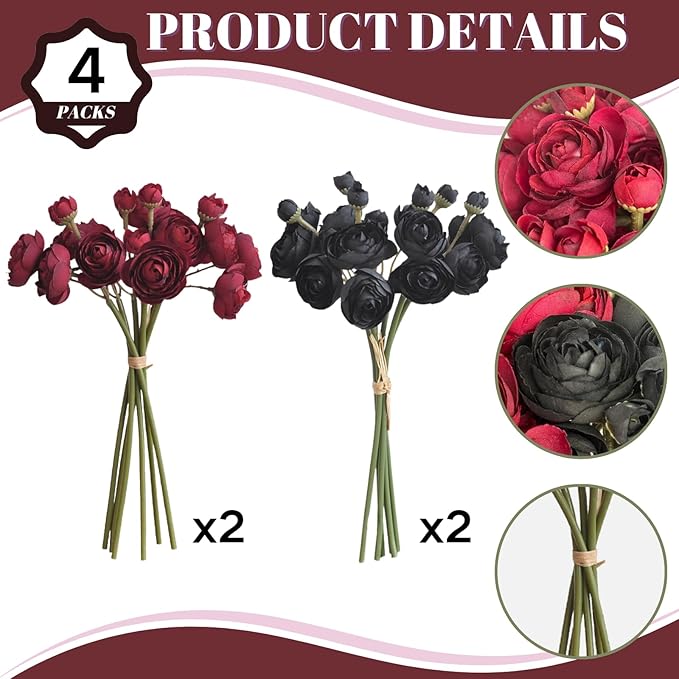 ASTRYAS 24Pcs Black Red Ranunculus Artificial Flowers, Silk Fake Ranunculus Wedding Bouquet for Halloween Home Decor Floral Arrangement Table Centerpieces(Red, Black)