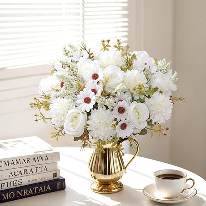 Dremisland Artificial Flowers Like Real Artificial Bouquet 2 Packs Silk Artificial Roses Bouquet with Daisy Chrysanthemum White Flowers for Centerpiece Table Wedding Party Home Decor