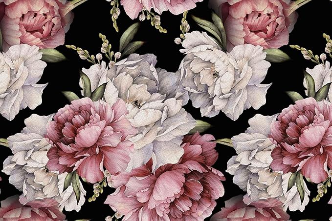 Dark Background Watercolor Peony Seamless Floral Wallpaper, Large Art Background Wall Mural for Decorated Bedroom and Living Room(Non-self-Adhesive)