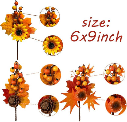 6 Pack Fall Stems Artificial Berry Picks Fall Picks with Pine Cone Sunflowers Pumpkin Maple Leaves Branches Decorations for Harvest Autumn Thanksgiving Day Wreaths Indoor Outdoor Home Decor