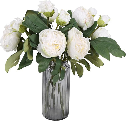 IPOPU Silk White Flowers Artificial Peonies 5PCS 10heads Vintage Fake Peonies Silk Peonies with Stems Real Look for Spring Decorations Floral Arrangements Home Table Centerpiece (White)