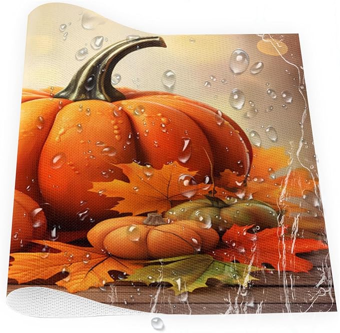 Thanksgiving Fall Pumpkin Placemats Set of 6 PVC Vinyl Non Slip Table Mats Heat Resistant Place Mats Washable Wipeable Dining Table Mat for Kitchen Decor Party Indoor Outdoor Decorative Gift