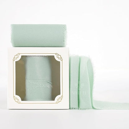MEEDEE Mint Green Chiffon Ribbon 3 Inch Green Frayed Chiffon Silk Fringe Ribbon Wide Chiffon for Crafts, Flower Bouquet, Wedding Favors Wrapping (2 Rolls 10 Yards)