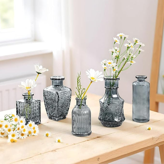 Grey Bud Vases in Bulk 24, Embossed Glass Small Vases for Flowers, Vintage Mini Flower Vase for Centerpieces, Wedding Decoration, Party, Baby Shower, Birthday, Home Decor, Living Room, Office