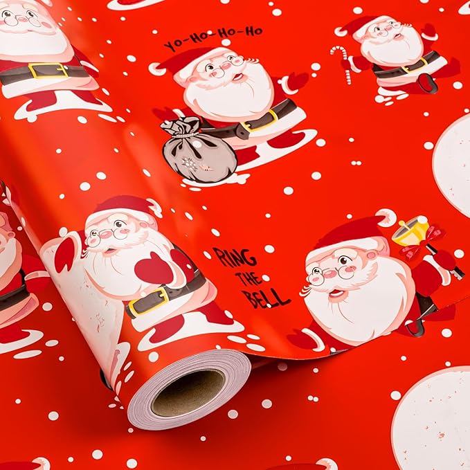 MAYPLUSS Santa Christmas Wrapping Paper Roll - 17 Inch X 33 Feet - Red Vintage Festive Santa Claus HO Design Winter Holiday Gift Wrap Sheet for Family gifts, Christmas Eve, Birthday, Party