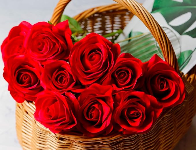DuHouse 10pcs Fake Roses Artificial Silk Flowers Faux Rose Flower Long Stems Bouquet for Arrangement Wedding Centerpiece Party Home Kitchen Decor(Red)