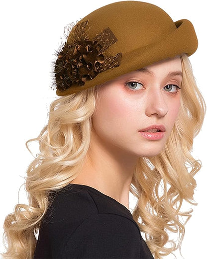 ORIDOOR Women Vintage 100% Wool Felt Flowers Bucket Cloche Bowler Hat Church Wedding Beret Hat