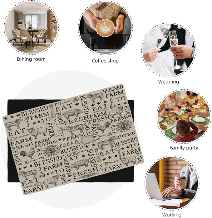 Farm Placemats, Cartoon Vintage Brown Windmill Farmhouse Cow Sheep Rooster Pig Animal Print Washable Fabric Placemats Table Kitchen Dining Party 12x18 Inch Set of 4