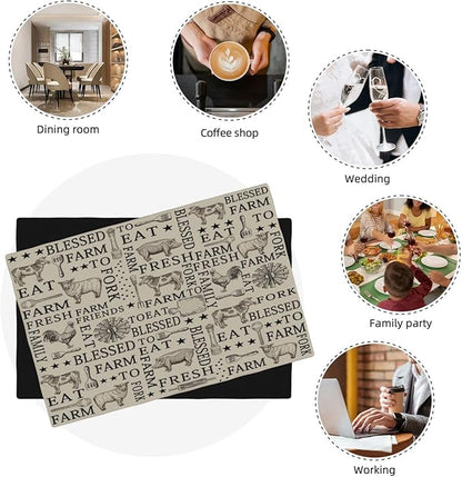 Farm Placemats, Cartoon Vintage Brown Windmill Farmhouse Cow Sheep Rooster Pig Animal Print Washable Fabric Placemats Table Kitchen Dining Party 12x18 Inch Set of 4
