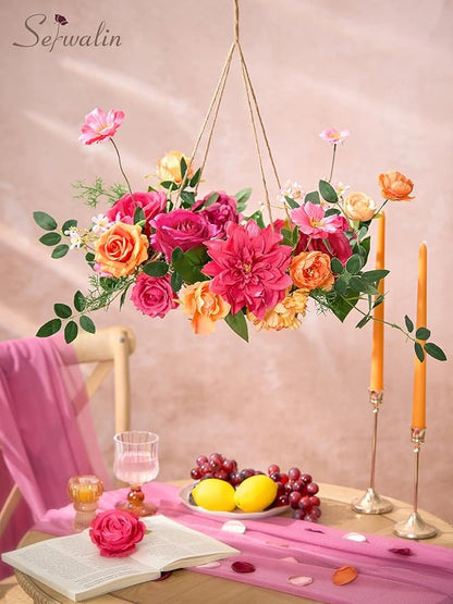 Serwalin Artificial Hot Pink & Orange Flowers, Magenta Silk Fake Flowers, Autumn Faux Flowers for Wedding Bouquet, Table Centerpieces, Home Decor