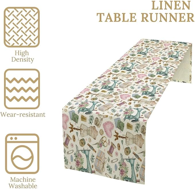 Sewing Theme Table Runner,Vintage Sewing Machine Tool Watercolor Pattern Print Tablecloth Burlap for Hotel Indoors Outdoor Dining Room Kitchen Home Decor,W13X L90 in