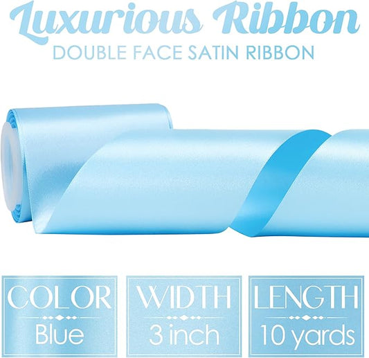 MEEDEE Blue Satin 3 Inch Ribbon Lux Double Faced Satin Ribbon by 10 Yards Light Blue Wide Ribbons for Baby Shower, Baby Blue Ribbons for Christmas Tree, Crafts, Flower Bouquet, Wedding