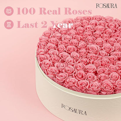 Rosaura Round Preserved Roses Gift Box - Real Forever Flowers for Birthday, Valentine's & Mother's Day (Pink, 100 Roses)