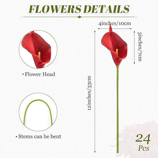 24 Pcs Artificial Calla Lily Flowers Fake Silk Flowers Real Touch for Halloween Wedding Bouquet Office Home Kitchen Decor (Burgundy)